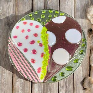 Anne Nye Fused Art Glass Fused Multicolored Round Glass Plate Dish Hand Made VTG